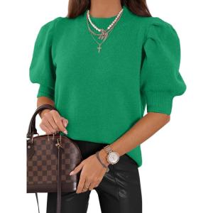 imageATHMILE Womens Puff Short Sleeve Sweater Tops 2025 Spring Summer Trendy Crew Neck Casual T Shirts BlousesGreen