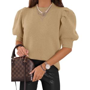 imageATHMILE Womens Puff Short Sleeve Sweater Tops 2025 Spring Summer Trendy Crew Neck Casual T Shirts BlousesKhaki
