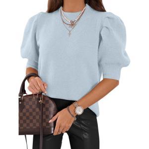 imageATHMILE Womens Puff Short Sleeve Sweater Tops 2025 Spring Summer Trendy Crew Neck Casual T Shirts BlousesLight Blue