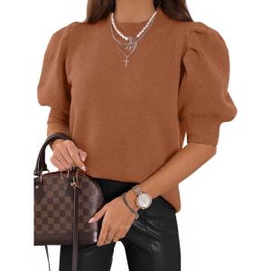 imageATHMILE Womens Puff Short Sleeve Sweater Tops 2025 Spring Summer Trendy Crew Neck Casual T Shirts BlousesLight Orange