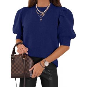 imageATHMILE Womens Puff Short Sleeve Sweater Tops 2025 Spring Summer Trendy Crew Neck Casual T Shirts BlousesNavy Blue