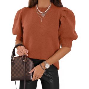 imageATHMILE Womens Puff Short Sleeve Sweater Tops 2025 Spring Summer Trendy Crew Neck Casual T Shirts BlousesOrange