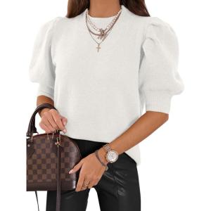 imageATHMILE Womens Puff Short Sleeve Sweater Tops 2025 Spring Summer Trendy Crew Neck Casual T Shirts BlousesWhite