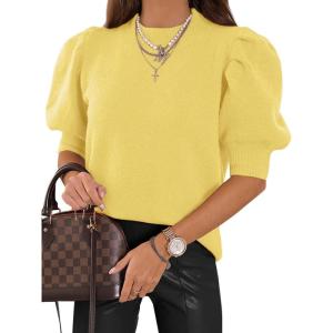 imageATHMILE Womens Puff Short Sleeve Sweater Tops 2025 Spring Summer Trendy Crew Neck Casual T Shirts BlousesYellow