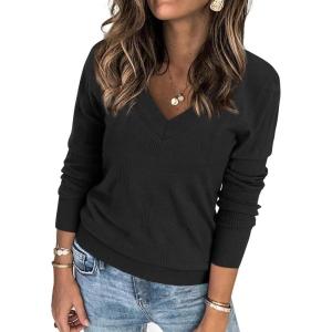 imageATHMILE Womens Fall Tops 2025 Fashion Trendy Pullover Sweater V Neck Long Sleeve Shirt Knit Blouse Clothes OutfitsBlack