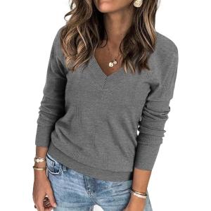 imageATHMILE Womens Fall Tops 2025 Fashion Trendy Pullover Sweater V Neck Long Sleeve Shirt Knit Blouse Clothes OutfitsGrey