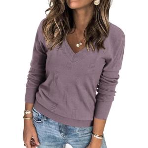 imageATHMILE Womens Fall Tops 2025 Fashion Trendy Pullover Sweater V Neck Long Sleeve Shirt Knit Blouse Clothes OutfitsGrey Purple