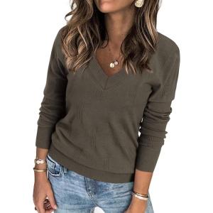 imageATHMILE Womens Fall Tops 2025 Fashion Trendy Pullover Sweater V Neck Long Sleeve Shirt Knit Blouse Clothes OutfitsLight Brown