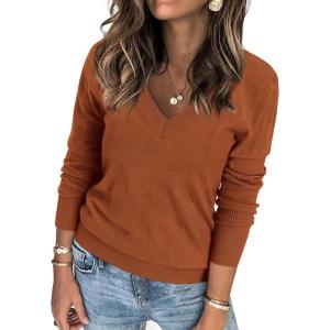 imageATHMILE Womens Fall Tops 2025 Fashion Trendy Pullover Sweater V Neck Long Sleeve Shirt Knit Blouse Clothes OutfitsRust
