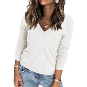 imageATHMILE Womens Fall Tops 2025 Fashion Trendy Pullover Sweater V Neck Long Sleeve Shirt Knit Blouse Clothes OutfitsWhite