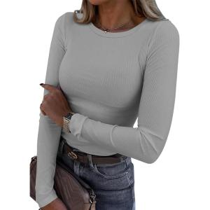 imageATHMILE Womens Long Sleeve Crewneck Ribbed Tops Fitted Stretch Casual Basic T Shirts 2025Grey