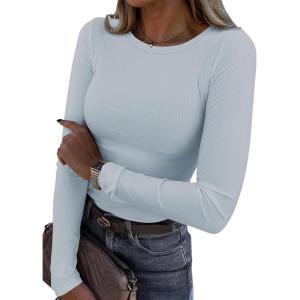 imageATHMILE Womens Long Sleeve Crewneck Ribbed Tops Fitted Stretch Casual Basic T Shirts 2025Light Blue
