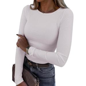 imageATHMILE Womens Long Sleeve Crewneck Ribbed Tops Fitted Stretch Casual Basic T Shirts 2025Light Purple
