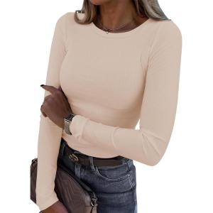 imageATHMILE Womens Long Sleeve Crewneck Ribbed Tops Fitted Stretch Casual Basic T Shirts 2025Peach
