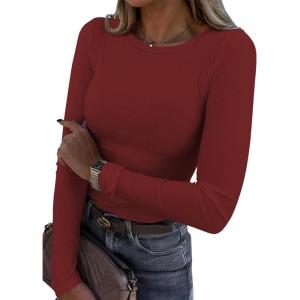 imageATHMILE Womens Long Sleeve Crewneck Ribbed Tops Fitted Stretch Casual Basic T Shirts 2025Wine Red