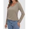 imageATHMILE Womens 2025 Fall Long Sleeve Shirts Basic Apparel Shirts Trendy V Neck Tshirt for Women Curved Hem TopsKhaki