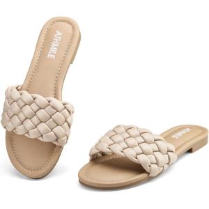 imageATHMILE Braided Womens Sandals Round Open Toe Fashion Slide Sandals Women Dressy Summer Flat Beach Size 611Nude