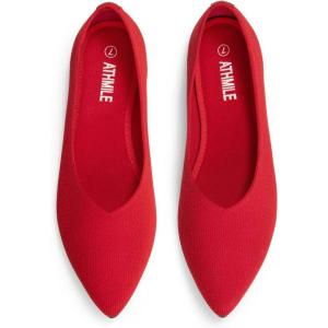 imageATHMILE Pointed Toe Flats for Women Dressy Bronze Work Shoes Business Casul Knit Ballet Flats Slip on Office Ladies Comforttable DressRed