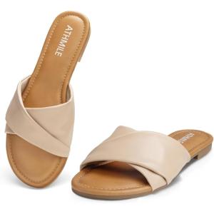 imageATHMILE Sandals Women Dressy Summer Flat Comfortable Fashion Beach Cute Ladies Slides Leather Casual Dress Womens Sandals 2025 Size 611Beige