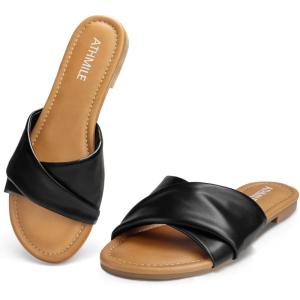 imageATHMILE Sandals Women Dressy Summer Flat Comfortable Fashion Beach Cute Ladies Slides Leather Casual Dress Womens Sandals 2025 Size 611Black