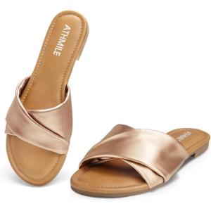 imageATHMILE Sandals Women Dressy Summer Flat Comfortable Fashion Beach Cute Ladies Slides Leather Casual Dress Womens Sandals 2025 Size 611Gold