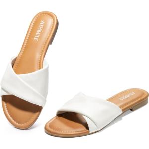imageATHMILE Sandals Women Dressy Summer Flat Comfortable Fashion Beach Cute Ladies Slides Leather Casual Dress Womens Sandals 2025 Size 611White