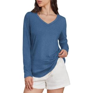 imageATHMILE Womens 2025 Fall Long Sleeve Shirts Basic Apparel Shirts Trendy V Neck Tshirt for Women Curved Hem TopsBlue