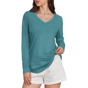 imageATHMILE Womens 2025 Fall Long Sleeve Shirts Basic Apparel Shirts Trendy V Neck Tshirt for Women Curved Hem TopsBlue Green