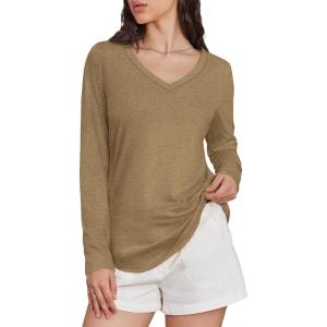 imageATHMILE Womens 2025 Fall Long Sleeve Shirts Basic Apparel Shirts Trendy V Neck Tshirt for Women Curved Hem TopsCoffee