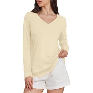imageATHMILE Womens 2025 Fall Long Sleeve Shirts Basic Apparel Shirts Trendy V Neck Tshirt for Women Curved Hem TopsCream