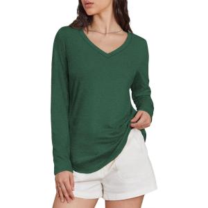 imageATHMILE Womens 2025 Fall Long Sleeve Shirts Basic Apparel Shirts Trendy V Neck Tshirt for Women Curved Hem TopsDark Green