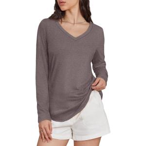 imageATHMILE Womens 2025 Fall Long Sleeve Shirts Basic Apparel Shirts Trendy V Neck Tshirt for Women Curved Hem TopsGray Purple