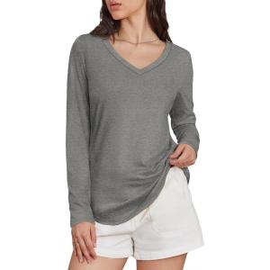 imageATHMILE Womens 2025 Fall Long Sleeve Shirts Basic Apparel Shirts Trendy V Neck Tshirt for Women Curved Hem TopsGrey