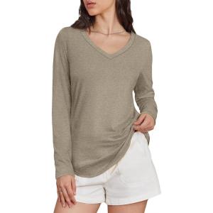 imageATHMILE Womens 2025 Fall Long Sleeve Shirts Basic Apparel Shirts Trendy V Neck Tshirt for Women Curved Hem TopsKhaki