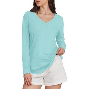 imageATHMILE Womens 2025 Fall Long Sleeve Shirts Basic Apparel Shirts Trendy V Neck Tshirt for Women Curved Hem TopsLake Green