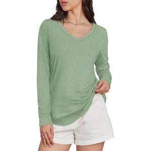 imageATHMILE Womens 2025 Fall Long Sleeve Shirts Basic Apparel Shirts Trendy V Neck Tshirt for Women Curved Hem TopsLight Green