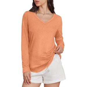 imageATHMILE Womens 2025 Fall Long Sleeve Shirts Basic Apparel Shirts Trendy V Neck Tshirt for Women Curved Hem TopsLight Orange