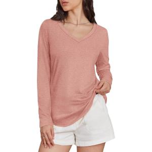 imageATHMILE Womens 2025 Fall Long Sleeve Shirts Basic Apparel Shirts Trendy V Neck Tshirt for Women Curved Hem TopsPink
