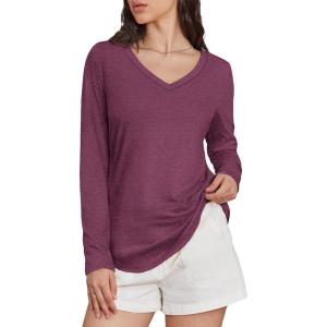 imageATHMILE Womens 2025 Fall Long Sleeve Shirts Basic Apparel Shirts Trendy V Neck Tshirt for Women Curved Hem TopsPurple Red