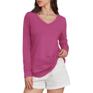 imageATHMILE Womens 2025 Fall Long Sleeve Shirts Basic Apparel Shirts Trendy V Neck Tshirt for Women Curved Hem TopsRose Red
