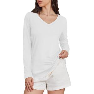 imageATHMILE Womens 2025 Fall Long Sleeve Shirts Basic Apparel Shirts Trendy V Neck Tshirt for Women Curved Hem TopsWhite
