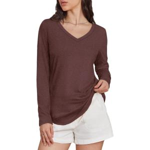 imageATHMILE Womens 2025 Fall Long Sleeve Shirts Basic Apparel Shirts Trendy V Neck Tshirt for Women Curved Hem TopsWine Red
