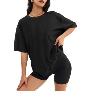 imageATHMILE Womens Oversized T Shirts Loose Fit Crewneck Short Sleeve Tops Summer Casual Blouse Y2K 2025 Basic TeeBlack