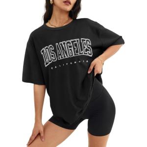 imageATHMILE Womens Oversized T Shirts Loose Fit Crewneck Short Sleeve Tops Summer Casual Blouse Y2K 2025 Basic TeeBlackp