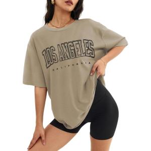 imageATHMILE Womens Oversized T Shirts Loose Fit Crewneck Short Sleeve Tops Summer Casual Blouse Y2K 2025 Basic TeeKhakip