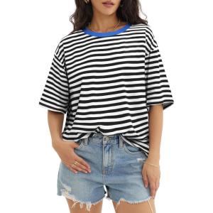 imageATHMILE Womens Oversized T Shirts Loose Fit Crewneck Short Sleeve Tops Summer Casual Blouse Y2K 2025 Basic TeeStriped Black  White