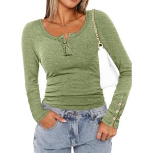 imageATHMILE Womens Long Sleeve Shirts Casual Fall Henley Top Button Down Blouses Basic Ribbed Knit T Shirts 2025Lightgreen