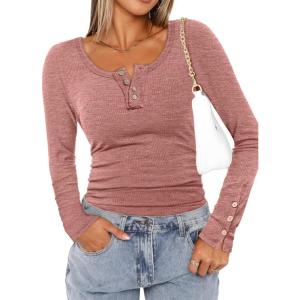 imageATHMILE Womens Long Sleeve Shirts Casual Fall Henley Top Button Down Blouses Basic Ribbed Knit T Shirts 2025Pink