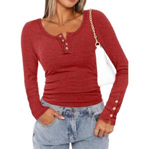 imageATHMILE Womens Long Sleeve Shirts Casual Fall Henley Top Button Down Blouses Basic Ribbed Knit T Shirts 2025Red