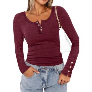 imageATHMILE Womens Long Sleeve Shirts Casual Fall Henley Top Button Down Blouses Basic Ribbed Knit T Shirts 2025Winered